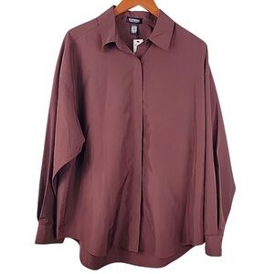 Express Boyfriend Portofino Shirt Womens Large Rum Raisin Long Sleeve Blouse NWT